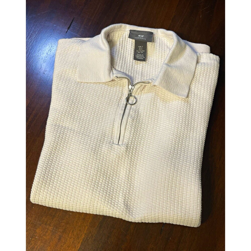 H&M Men's Slim Fit Polo Shirt S Regular White Short Sleeve 1/4 Zip